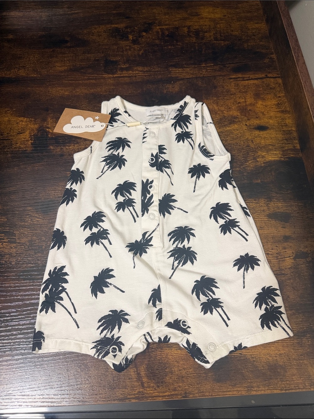 Angel Dear Cream and Black Palm-Print Sleeveless Romper NWT 3-6